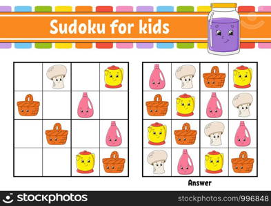 Sudoku for kids. Education developing worksheet. Activity page with pictures. Puzzle game for children. Logical thinking training. Isolated vector illustration. Funny character. Cartoon style.