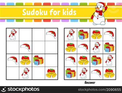 Sudoku for kids. Education developing worksheet. cartoon character. Color activity page. Puzzle game for children. Christmas theme. Isolated vector illustration.