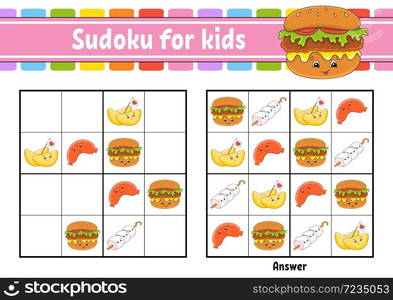 Sudoku for kids. Education developing worksheet. Cartoon character. Color activity page. Puzzle game for children. Logical thinking training. Isolated vector illustration.