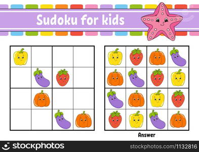 Sudoku for kids. Education developing worksheet. Vegetable, fruit. Cartoon character. Color activity page. Puzzle game for children. Logical thinking training. Isolated vector illustration.