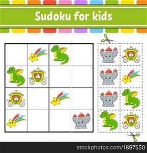 Sudoku for kids. Fairytale theme. Education developing worksheet. Activity page with pictures. Puzzle game for children. Isolated vector illustration. Funny character. Cartoon style.