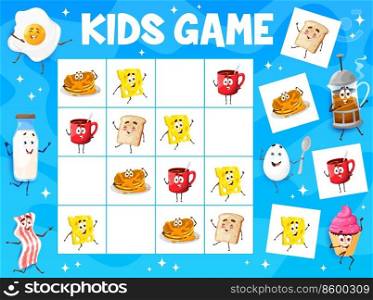 Sudoku game cartoon breakfast characters. Vector worksheet with pancakes, cheese, toast and coffee cup on chequered board. Educational task, children teaser for leisure sparetime activity. Sudoku game cartoon breakfast characters, riddle