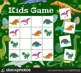 Sudoku game cartoon dinosaurs and eggs. Kids vector riddle with dino characters on chequered board. Educational task, children crossword teaser with prehistoric animals, boardgame for baby leisure. Sudoku game cartoon dinosaurs and eggs. Kid riddle