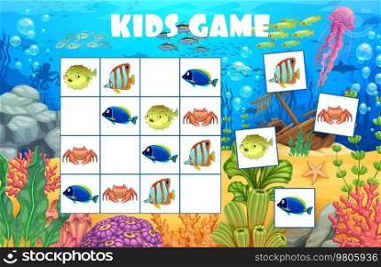 Sudoku game cartoon underwater landscape and fish. Kids vector riddle, boardgame worksheet with marine characters on chequered board. Educational task, children crossword teaser for sparetime activity. Sudoku game cartoon underwater landscape and fish