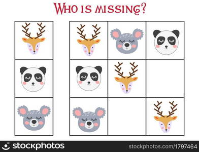 Sudoku game for children with pictures. Kids activity sheet. cute African animals muzzle. Sudoku game for children with pictures. Kids activity sheet. cute African animals