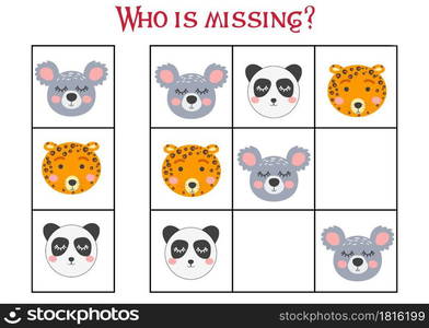 Sudoku game for children with pictures. Kids activity sheet. cute African animals muzzle. Sudoku game for children with pictures. Kids activity sheet. cute African animals