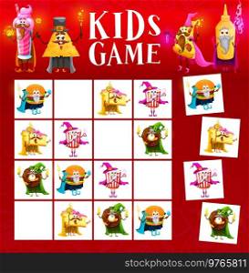 Sudoku game of cartoon fast food mage and wizard characters with magic wands. Kids puzzle vector worksheet of logic block game with funny personages of burger, pizza, donut, popcorn and pie magicians. Sudoku game of fast food mage, wizard characters