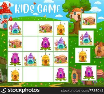 Sudoku game snail, seashell, beehive and mushroom fairy houses, vector tabletop riddle. Sudoku puzzle board game with cartoon homes or fairy tale gnome, dwarf or elf in tree stump and flower. Sudoku game, snail, seashell, beehive and mushroom