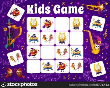 Sudoku game wizard and fairy musical instrument characters between music waves, notes and sounds. Kids puzzle vector worksheet of game quiz with square riddle, drum, saxophone, trumpet and maracas. Sudoku game wizard and fairy musical instruments