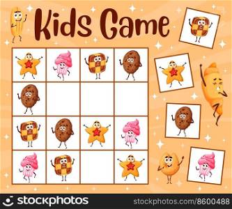 Sudoku game worksheet, cartoon bakery and cookies characters, vector kids puzzle. Sudoku riddle grid to find and match pastry croissant, cupcake muffin and chocolate brownie with biscuit. Sudoku game worksheet, cartoon bakery and cookies
