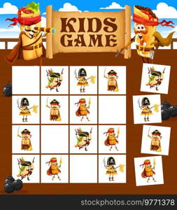 Sudoku game worksheet. Cartoon mexican food pirate and corsair characters. Educational game, children puzzle quiz vector worksheet with tacos, burrito and nachos, tortillas and enchilada. Sudoku game worksheet with mexican food pirates