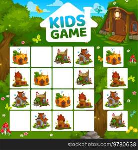 Sudoku game worksheet with cartoon gnome and elf houses. Logical puzzle, kids sudoku book page template or vector educational game, children riddle with pumpkin, stump and boot magic garden houses. Sudoku game worksheet with cartoon gnome, houses
