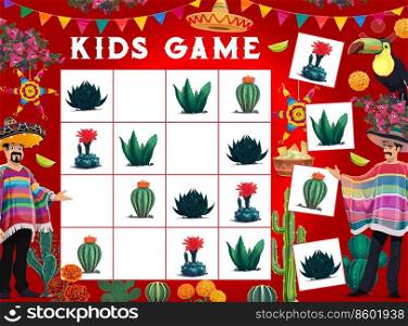 Sudoku game worksheet with Mexican cactuses, men in sombrero and poncho, vector pinata and animals. Kids sudoku riddle game with cartoon funny Mexican nachos, toucan and marigold flowers. Sudoku game worksheet, Mexican cactuses, sombrero