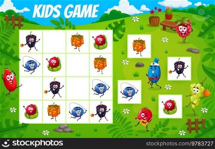 Sudoku kids game. Cartoon berry characters on summer party. Child logical rebus, preschool children sudoku book vector worksheet or kids puzzle game with raspberry, blackberry and blueberry, cowberry. Sudoku kids game with cartoon berry characters