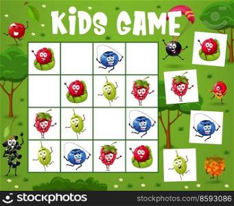 Sudoku kids game cartoon cheerful berry character on summer vacation. Vector riddle worksheet with black currant, cranberry, raspberry, rose hip, and blueberry, gooseberry or cloudberry on meadow. Sudoku kids game cartoon cheerful berry characters