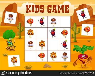 Sudoku kids game. Cartoon cowboy, bandit, sheriff and ranger vegetable characters. Children sudoku riddle vector game with tomato, eggplant and pumpkin, garlic, broccoli and beetroot. Sudoku kids game with cowboy vegetable characters