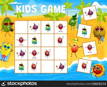 Sudoku kids game, cartoon fruits characters on summer beach, vector quiz puzzle. Sudoku riddle worksheet grid to find and match lychee, fig and nectarine with papaya on summer sea holiday or vacations. Sudoku kids game, cartoon fruits on summer beach