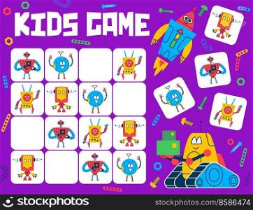 Sudoku kids game, cartoon robots and droids characters vector worksheet. Vintage robot toy personages puzzle quiz, cute metal humanoid cyborg, space machine and android assistant logic block game. Sudoku game, cartoon robots and droids characters