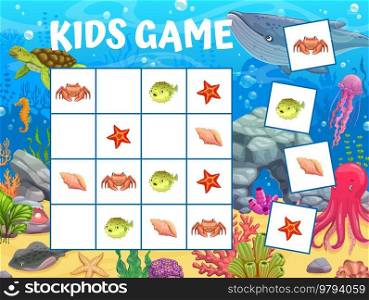 Sudoku kids game cartoon underwater landscape and animals. Kids vector riddle with crab, starfish, puffer fish and shell on chequered board. Educational task, children crossword teaser, boardgame. Sudoku kids game cartoon underwater and animals