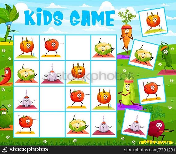 Sudoku kids game cartoon vegetables, yoga or pilates fitness, vector worksheet. Sudoku puzzle board game with pumpkin and carrot on yoga mat, garlic in meditation, cucumber and tomato on sport. Sudoku kids game cartoon vegetables, yoga pilates