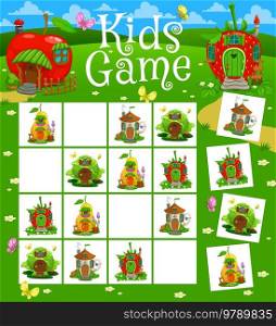 Sudoku kids game, fairytale magic houses and dwellings, vector quiz worksheet. Kids sudoku logic puzzle with fairy gnome or elf shelter hut of strawberry or apple fruit and pear, tabletop board game. Sudoku kids game, fairytale magic house dwellings