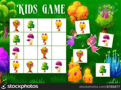 Sudoku kids game, fantasy magic trees and plants. Vector riddle, boardgame worksheet with cartoon fairy characters, mushrooms and alien flora on chequered board. Educational task, children crossword. Sudoku kids game, fantasy magic trees and plants