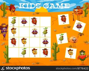 Sudoku kids game of cartoon cowboy, ranger and bandit fruit characters. Vector block puzzle worksheet with Wild West quiz of Western lychee, melon, fig and pear, watermelon and grapes in Texas desert. Sudoku kids game of cartoon cowboys and rangers
