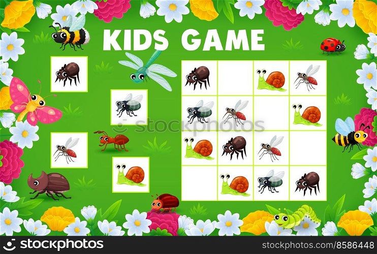 Sudoku kids game of cartoon insect characters on summer meadow in flower frame. Vector puzzle or logic block game worksheet with funny bee, butterfly, ladybug and ant, dragonfly, spider, fly, mosquito. Sudoku kids game, cartoon insects on summer meadow