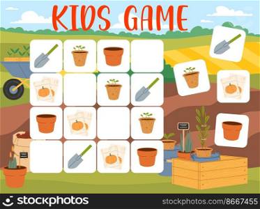 Sudoku kids game with farmer and gardening tools. Cartoon block puzzle or riddle game vector worksheet. Education sudoku with plant seedlings, flower pots, shovels and seeds, wheelbarrow and crates. Sudoku kids game with farmer and gardening tools