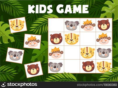 Sudoku kids game with funny animals, vector riddle with cartoon characters koala, leopard, bear and monkey on chequered board. Educational task, children teaser boardgame for baby sparetime activity. Sudoku kids game with funny animals, vector riddle