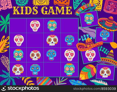 Sudoku kids game with Mexican sugar calavera skull, vector riddle worksheet. Sudoku puzzle or board game worksheet with Mexican skull in sombrero and papel picado, fiesta decoration flags. Sudoku kids game cartoon Mexican calavera skull