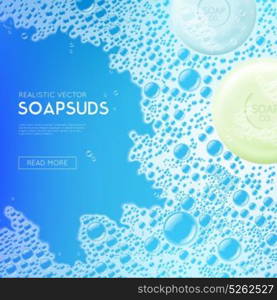 Sudsy Soap Water Realistic Background. Sudsy blue water realistic background poster webpage design with round soap bars and read more button vector illustration