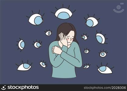 Suffering from evil eyes concept. Sad depressed ashamed girl standing touching her face feeling influence and public attitude and opinion vector illustration. Suffering from evil eyes concept.