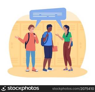Suffering from social anxiety in school 2D vector isolated illustration. Embarrassed schoolboy with classmates flat characters on cartoon background. Discomfort in communication colourful scene. Suffering from social anxiety in school 2D vector isolated illustration
