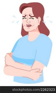 Suffering from stress semi flat RGB color vector illustration. Mentally distressed figure. Excessive self-consciousness. Crying woman embracing herself isolated cartoon character on white background. Suffering from stress semi flat RGB color vector illustration