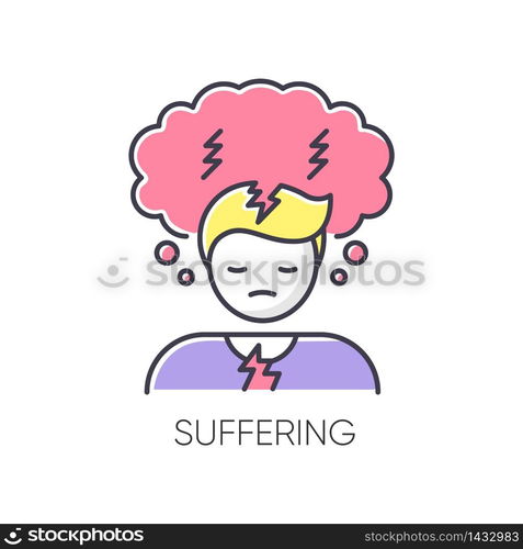 Suffering RGB color icon. Anxiety disorder. Depression symptom. Feeling of pain. Migraine from tension. Negative psychological state. Mental health issue. Isolated vector illustration. Suffering RGB color icon