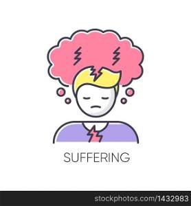 Suffering RGB color icon. Anxiety disorder. Depression symptom. Feeling of pain. Migraine from tension. Negative psychological state. Mental health issue. Isolated vector illustration. Suffering RGB color icon