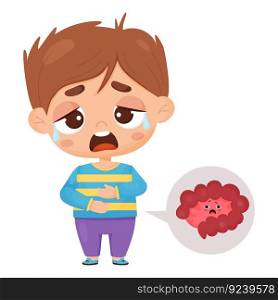 Suffering sick boy on intestinal pain. Child is crying and holding his stomach. sad unhealthy internal organ intestines character. Pain in abdomen. Vector illustration in cartoon style