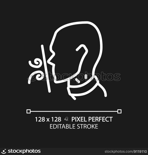Suffocation pixel perfect white linear icon for dark theme. Breathing difficulties. Throat disease symptom. Asphyxia. Thin line illustration. Contour symbol. Vector outline drawing. Editable stroke. Suffocation pixel perfect white linear icon for dark theme