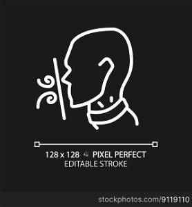 Suffocation pixel perfect white linear icon for dark theme. Breathing difficulties. Throat disease symptom. Asphyxia. Thin line illustration. Contour symbol. Vector outline drawing. Editable stroke. Suffocation pixel perfect white linear icon for dark theme