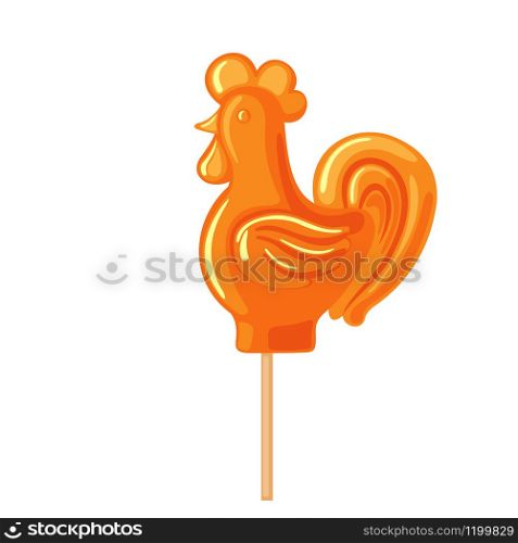 Sugar candy cock on a stick icon in flat style isolated on white background. Lollipop rooster for Maslenitsa or Shrovetide festival. Vector illustration.. Vector sugar candy cock on a stick icon in flat style isolated on white background.