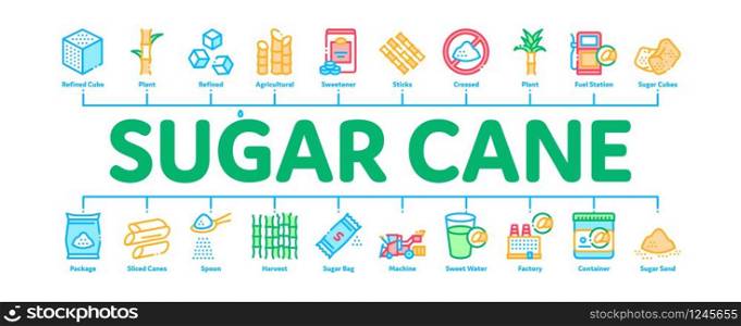 Sugar Cane Agriculture Minimal Infographic Web Banner Vector. Sugar Cubes And Package, Agricultural Harvest, Plant Building And Sweet Water Cup Illustrations. Sugar Cane Minimal Infographic Banner Vector