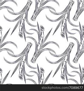 Sugar cane stalks with leaves seamless pattern. Sugar stalk cane seamless on white background. Engraving style vector illustration. Sugar cane stalks with leaves seamless pattern. Sugar stalk cane