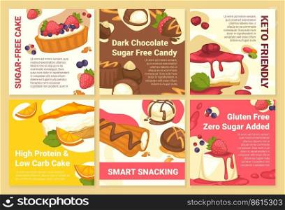 Sugar free cake, dark chocolate candy ad at post set. Social media banner design collection with keto friendly food, vector illustration. Gluten free, healthy dessert promotion at network page. Sugar free cake, dark chocolate candy ad at post set