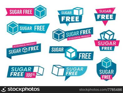 Sugar free labels and icons. Vector zero or low sugar diet food products. Isolated blue symbols of sugar cubes with pink ribbons for diabetic nutrition, natural sweets and healthy food products. Sugar free labels and icons of diet food products