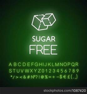 Sugar free neon light icon. Food without added sweetener. Product free ingredient. Nutritious dietary, healthy eating. Glowing sign with alphabet, numbers and symbols. Vector isolated illustration