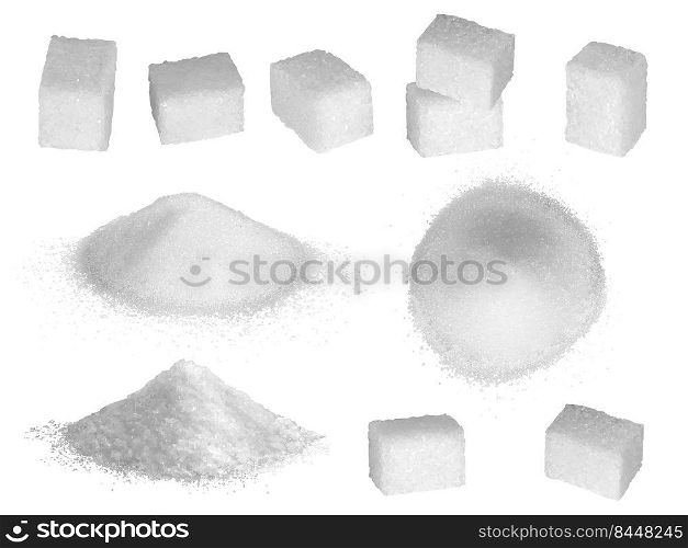 Sugar grains. Pastry ingredients for preparing delicious products sugar in square forms decent vector realistic collection. Illustration of white sugar ingredient snow, grainy nutrition. Sugar grains. Pastry ingredients for preparing delicious products sugar in square forms decent vector realistic collection