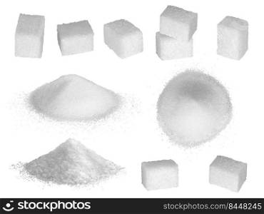Sugar grains. Pastry ingredients for preparing delicious products sugar in square forms decent vector realistic collection. Illustration of white sugar ingredient snow, grainy nutrition. Sugar grains. Pastry ingredients for preparing delicious products sugar in square forms decent vector realistic collection
