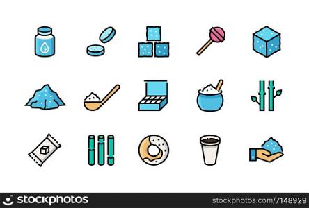 Sugar icons. Sweeteners, sugar canes packages bags cubes and heap, organic stevia eco sweetener. Vector flat and line set logo brown or refined nature product for confectionery. Sugar icons. Sweeteners, sugar canes packages bags cubes and heap, organic stevia eco sweetener. Vector flat and line set