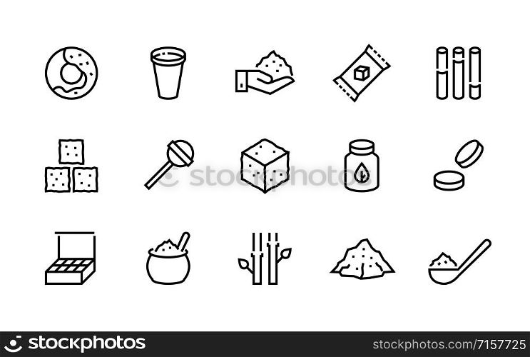 Sugar line icon. Candies and coffee sweeteners, sugar in cubes bags and packages, cane and stevia organic sugar symbols. Vector shapes image pictograms sugaring products set. Sugar line icon. Candies and coffee sweeteners, sugar in cubes bags and packages, cane and stevia organic sugar symbols. Vector set